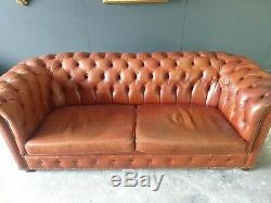 117. Superb Chesterfield Leather Vintage 3 Seater Club Tan Brown Sofa DEL