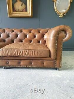 227. Superb Halo Vintage Brown Tan Leather Three Seater Chesterfield Sofa