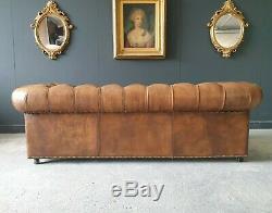 227. Superb Halo Vintage Brown Tan Leather Three Seater Chesterfield Sofa