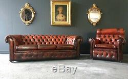 22. Chesterfield Vintage Tan Red 3 Seater Sofa & Chair DELIVERY AVAILABLE