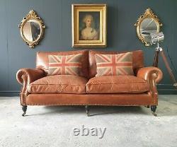 2. Timothy Oulton Halo Vintage Tan Leather Three Seater Chesterfield Sofa