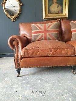 2. Timothy Oulton Halo Vintage Tan Leather Three Seater Chesterfield Sofa