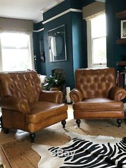 2 Vintage Tanned Chesterfield Leather Armchairs
