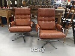 2 x Retro Tan Leather Swivel Office Chairs FREE DELIVERY