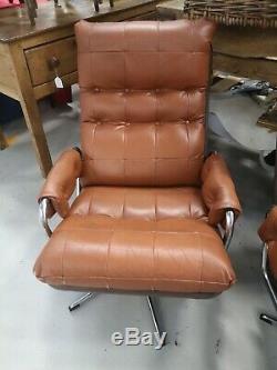 2 x Retro Tan Leather Swivel Office Chairs FREE DELIVERY