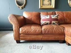 37. Vintage Tan 3 Seater Leather Club Corner Sofa & Pouffe DELIVERY AVAIL