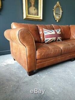 37. Vintage Tan 3 Seater Leather Club Corner Sofa & Pouffe DELIVERY AVAIL
