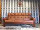 3 Seat Tan / Orange Leather Sofa Mid Century Vintage Solid Wood Frame Danish
