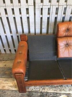 3 Seat Tan / Orange Leather Sofa Mid Century Vintage Solid Wood Frame Danish
