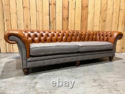 4 Seater Vintage Tan Brown Leather Chesterfield Sofa, Warm Grey Herringbone Wool
