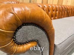 4 Seater Vintage Tan Brown Leather Chesterfield Sofa, Warm Grey Herringbone Wool