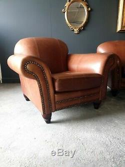 615. Superb Vintage tan Leather Club Suite Sofa & Two Armchairs DEL