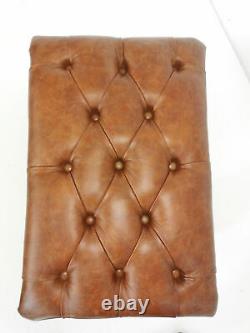 70cm x 46cm Rectangular Chesterfield Footstool Table 100% Vintage Tan Leather