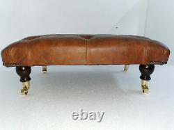70cm x 46cm Rectangular Chesterfield Footstool Table 100% Vintage Tan Leather