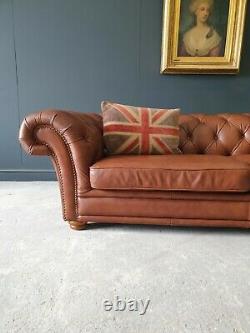 803. Large Vintage Tan Leather Three Seater Chesterfield Sofa