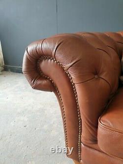 803. Large Vintage Tan Leather Three Seater Chesterfield Sofa