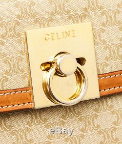 82-1 Celine Vintage Tan Coated Canvas Leather Flip-Lock Satchel