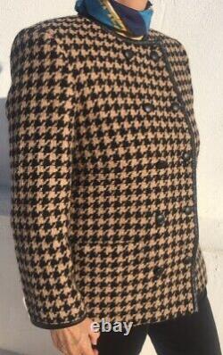 AQUASCUTUM jacket TAN/BLACK houndstooth wool/leather VINTAGE Size 12 UK RRP £450