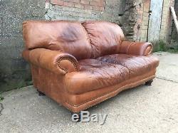 Aged Tan Leather Vintage Style Chesterfield 2 Seater Sofa