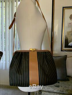 Authentic FENDI Vintage Cross Body Bag Pequin strips. Tan&Brown leather