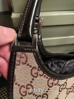 Authentic Gucci Jackie Handbag Vintage Tan Canvas with GG and Brown Leather
