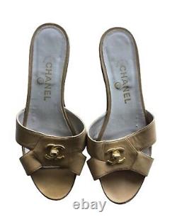 Authentic Vintage Chanel Tan Leather Turnlock Mule Sandals 41