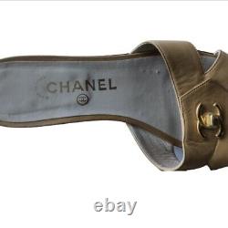 Authentic Vintage Chanel Tan Leather Turnlock Mule Sandals 41