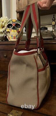 Authentic vintage Gucci tan canvas tote bag red leather & Gold accents ID # tag