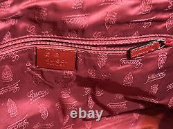 Authentic vintage Gucci tan canvas tote bag red leather & Gold accents ID # tag