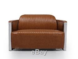 Aviator 2 Seater Sofa Industrial Vintage Tan Brown REAL Full Top Grain Leather