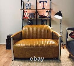Aviator 2 Seater Sofa Tan Brown REAL Top Grain Vintage Leather Made To Order