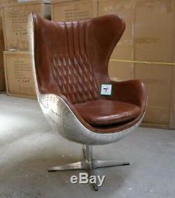 Aviator Aviation Aluminium Swivel Egg Chair Vintage Tan Leather Arne Jacobsen