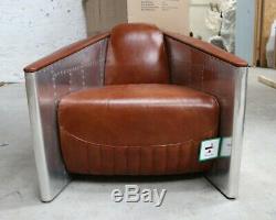 Aviator Union Jack Tomcat Tub Chair Aluminium Real Vintage Tan Brown Leather