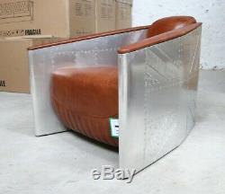 Aviator Union Jack Tomcat Tub Chair Aluminium Real Vintage Tan Brown Leather