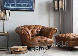 Bespoke Judge Oskar Button Back Vintage Tan Leather Chair Armchair Harris Tweed