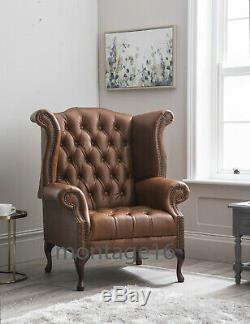 Brompton Vintage Button Seat Whiskey Leather Wing Chair Armchair High Back Tan