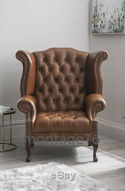 Brompton Vintage Button Seat Whiskey Leather Wing Chair Armchair High Back Tan