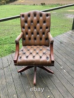 Brown Tan Leather Chesterfield Style Desk Chair Swivel Worn Vintage