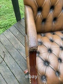 Brown Tan Leather Chesterfield Style Desk Chair Swivel Worn Vintage