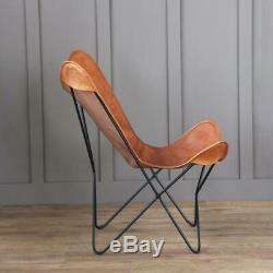 Butterfly Chair Retro Vintage Industrial Leather Tan Seat Black Base