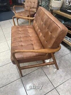 CALDER distressed tan leather 2 seater sofa with walnut wooden frame RRP £1999