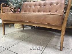 CALDER distressed tan leather 2 seater sofa with walnut wooden frame RRP £1999