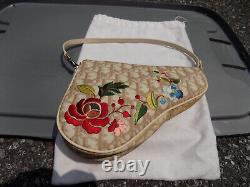 CHRISTIAN DIOR Vtg Flower Embroidered Tan Logo Canvas Saddle Pouch Bag RARE