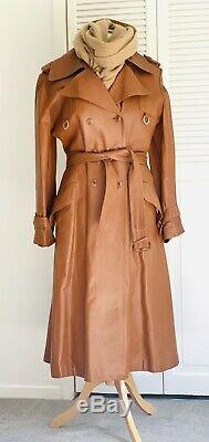 Camel Brown Tan Vintage Real Leather Trench Coat jacket Size S/M