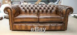 Chesterfield 185cm Tufted Buttoned 2 Seater Sofa Real Vintage Tan Leather