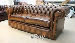 Chesterfield 185cm Tufted Buttoned 2 Seater Sofa Real Vintage Tan Leather