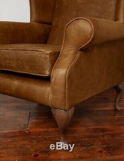 Chesterfield Armchair Queen Anne High Back Wing Chair in Vintage Tan leather