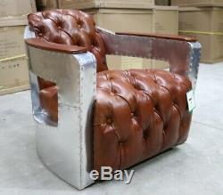 Chesterfield Aviator Buttoned Tub Chair Industrial Aluminium Vintage Tan Leather
