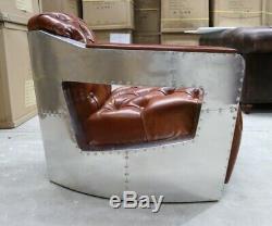Chesterfield Aviator Buttoned Tub Chair Industrial Aluminium Vintage Tan Leather