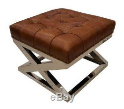 Chesterfield Buttoned Distressed Vintage Tan Leather Metal Footstool Ottoman